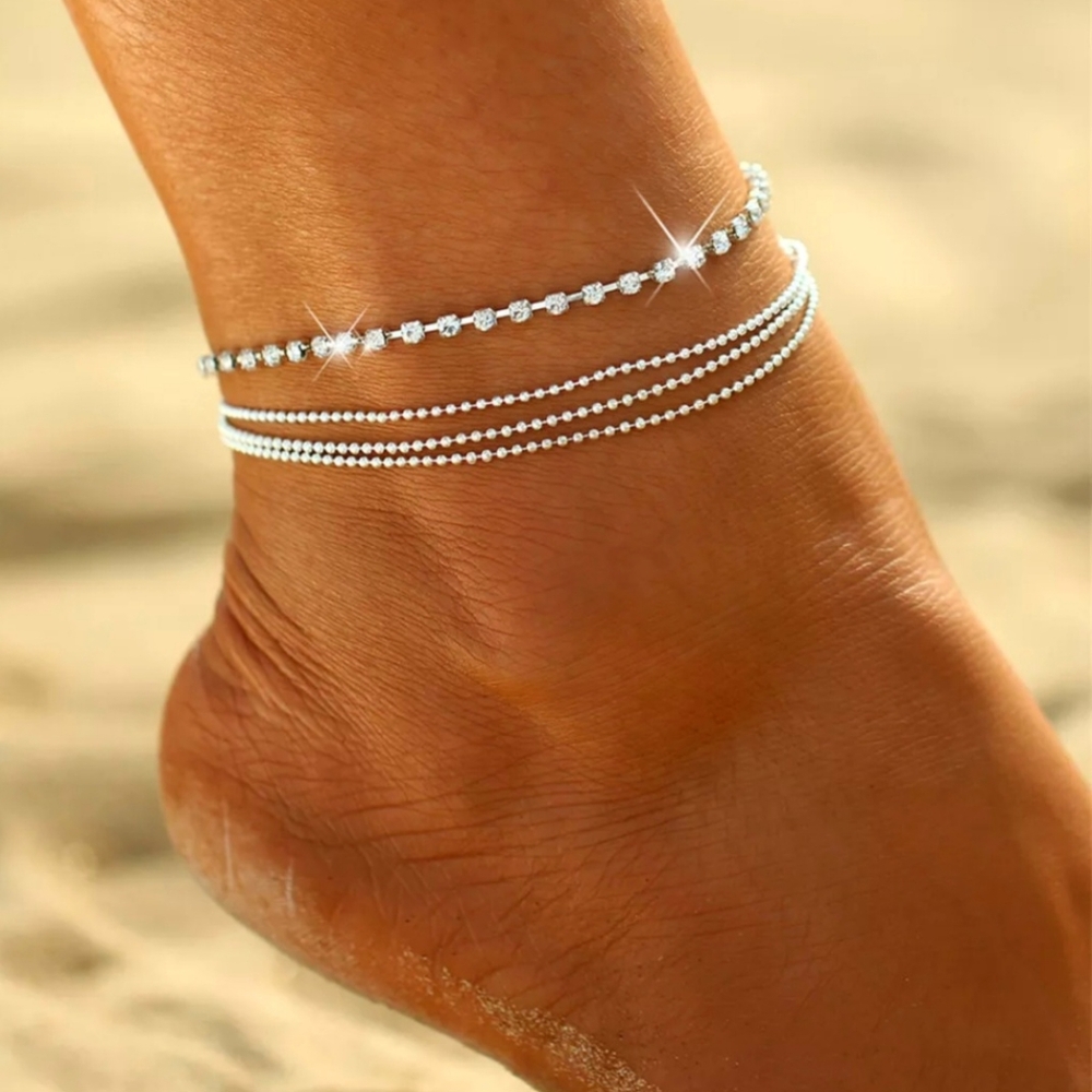 Silver Beaded Rhinestone Chain Tiers Tiered Layered Tennis Ankle Bracelet Anklet - Picture 9 of 16